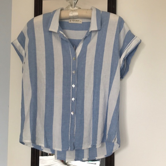 Lucky Brand blue and white striped linen blend short-sleeved shirt - Picture 1 of 9
